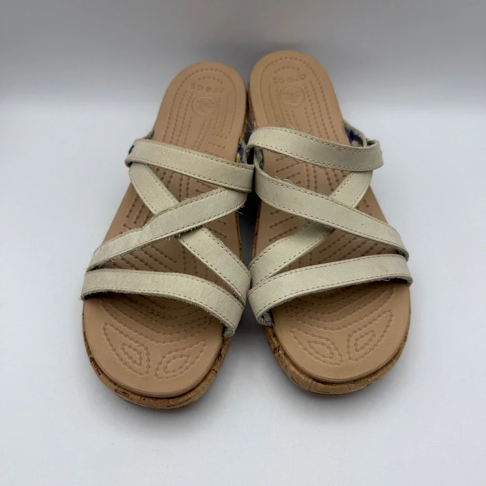 Crocs A-Leigh‎ Wedge Sandals Cork Platform Strappy Casual Beige Women's Size 10
